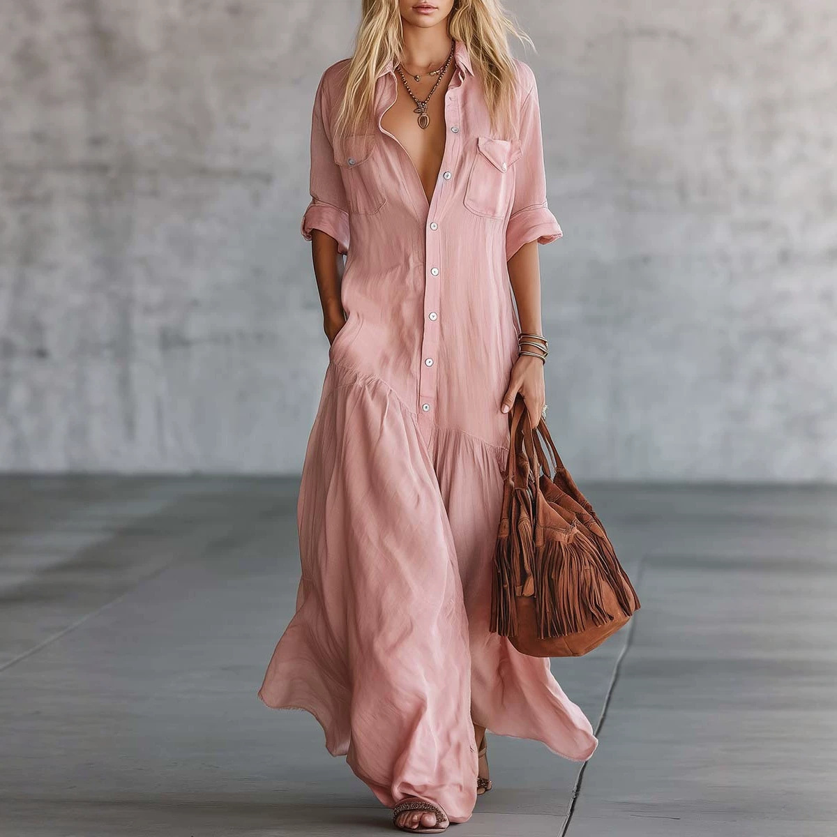 Casual Loose Linen Shirt Dress - Vestido Camisa Maxi Feminino de Verão