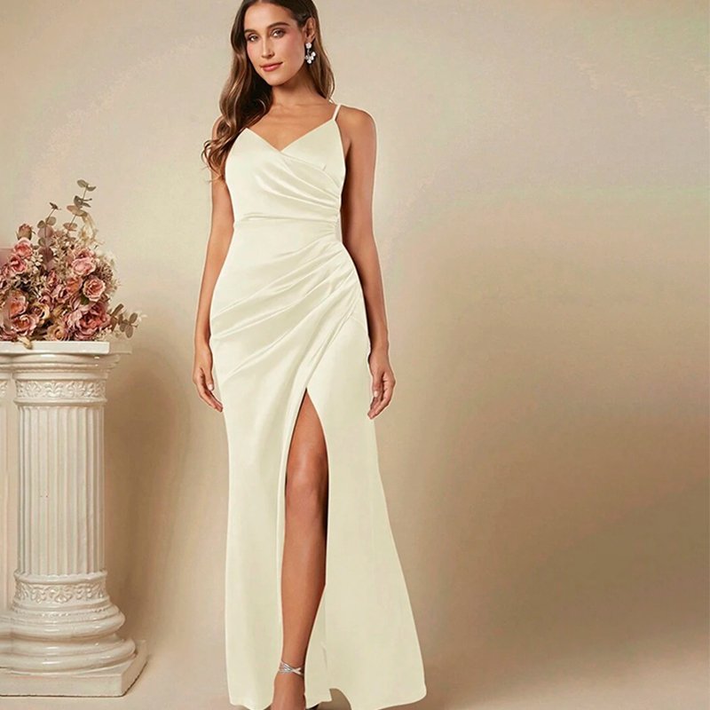 Elegant Satin Evening Gown Split - Feminino elegante cetim suspender vestido 2025