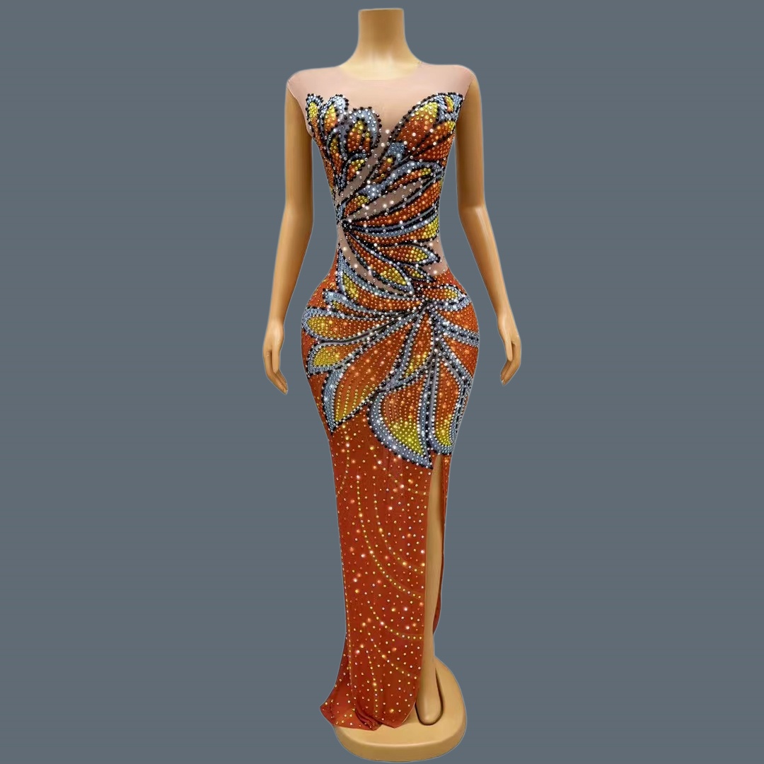 Sparkly Rhinestone Club Party Dress - Vestido Maxi Sem Mangas para Mulheres