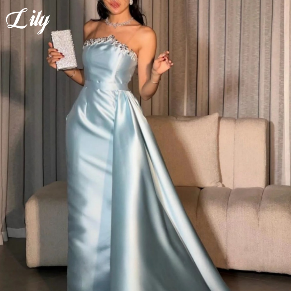 Elegant Satin Evening Gown Split - Lily azul elegante vestido formal brilhante