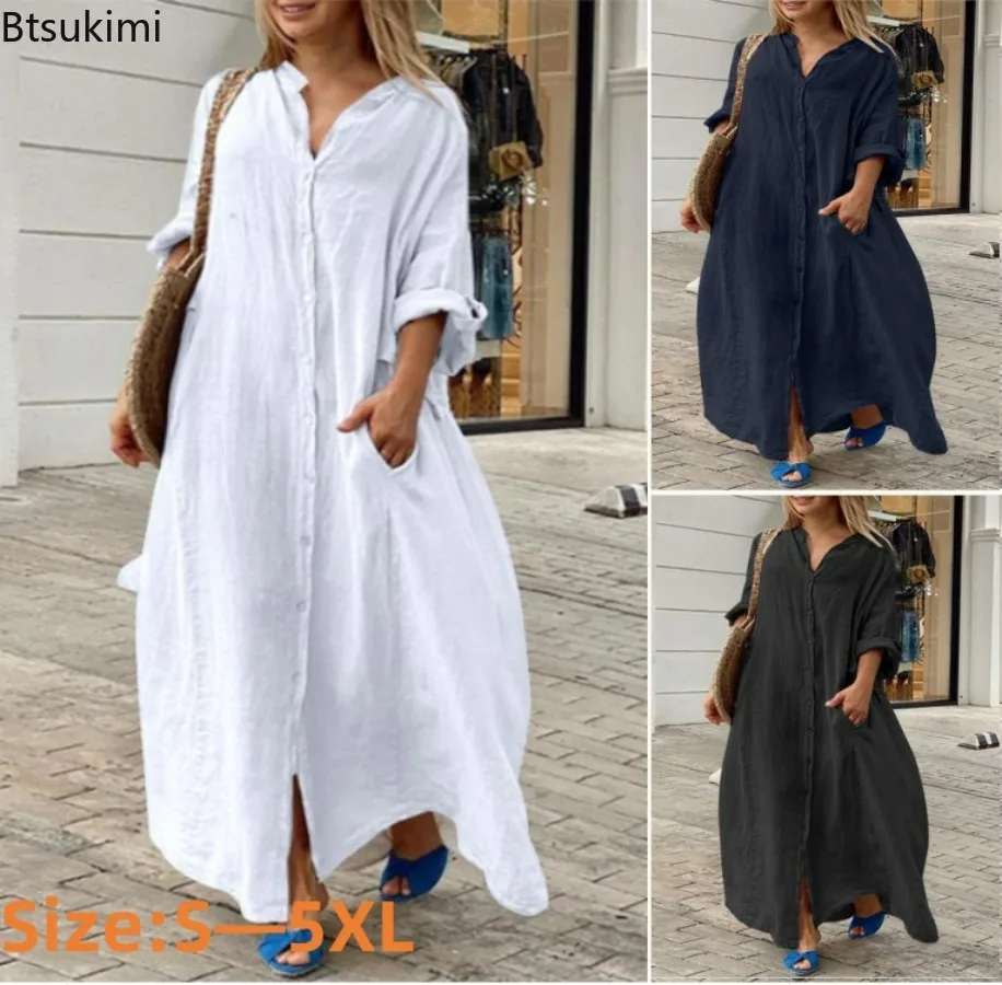 Casual Loose Linen Shirt Dress - Vestido Longo Casual Feminino de Algodão