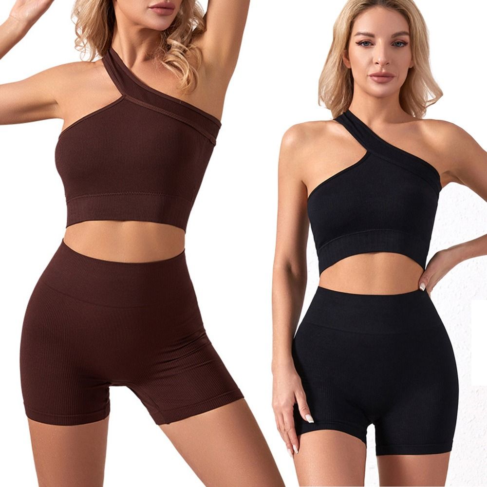 Seamless Ribbed Workout Tank Top - Conjunto de 2 Peças Casual Sem