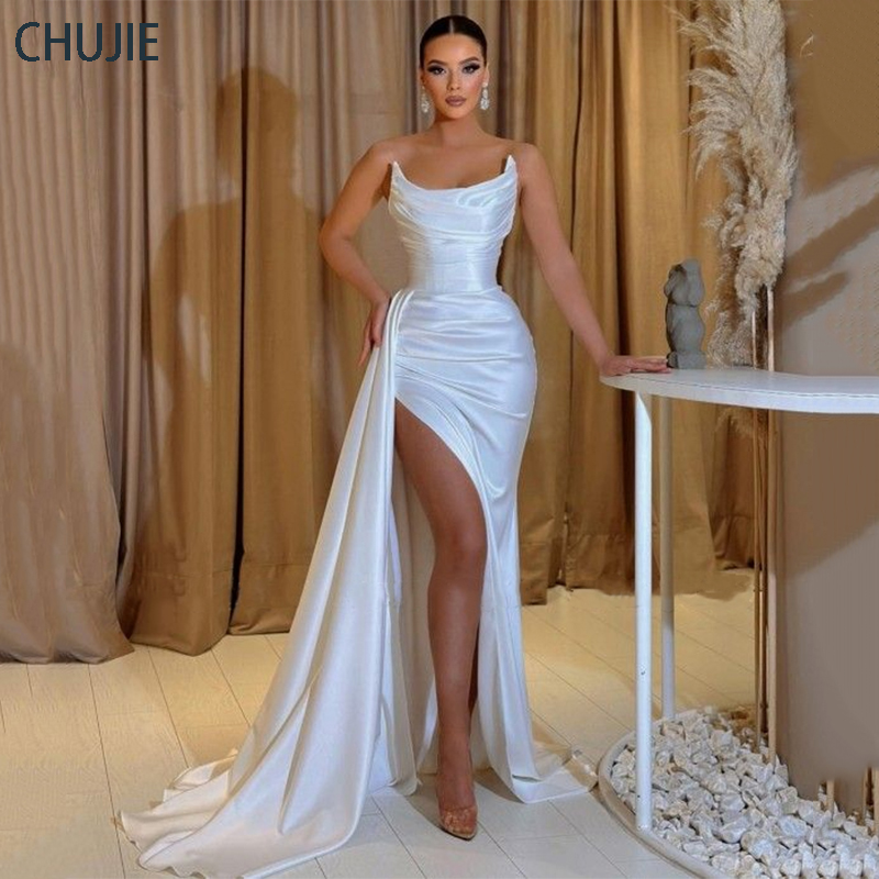 Elegant Satin Evening Gown Split - Elegante branco vestidos de noite colher