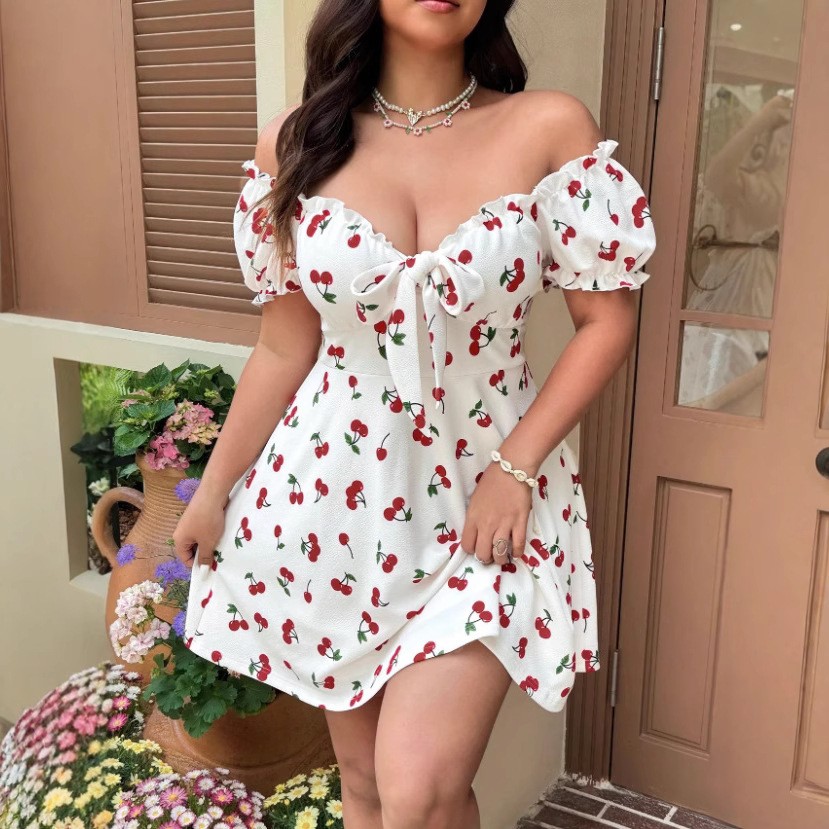 Off Shoulder Puff Sleeve Sundress - Vestido feminino de verão com estampa