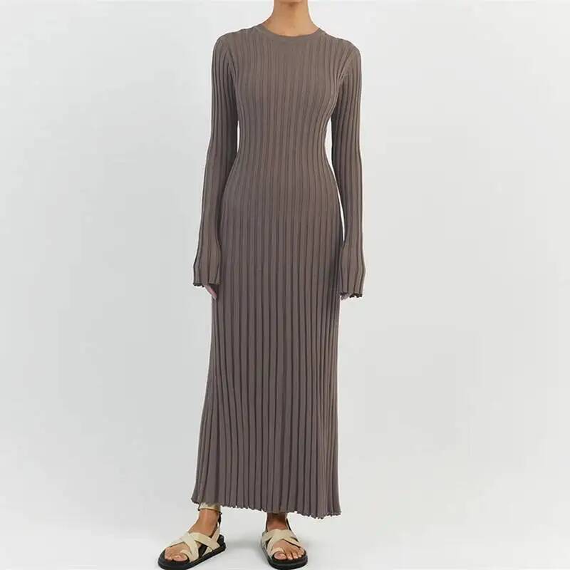Bodycon Long Sleeve Ribbed Dress - Vestido Maxi Elegante de Malha Canelada