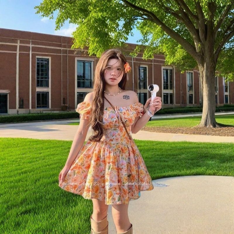 Off Shoulder Puff Sleeve Sundress - Vestido Mini Laranja Estampado Floral Ombro