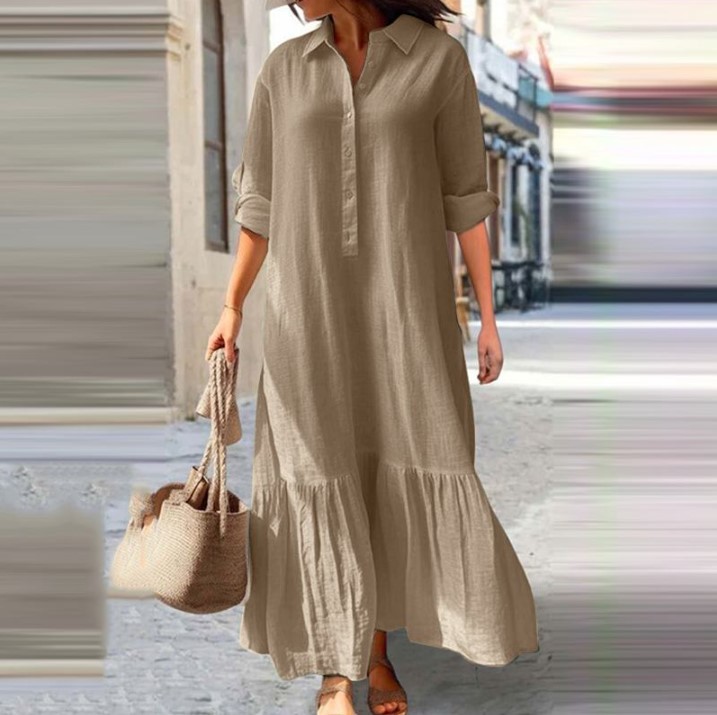 Vestido camisa de linho femini - Casual Loose Linen Shirt Dress avaliação e preço