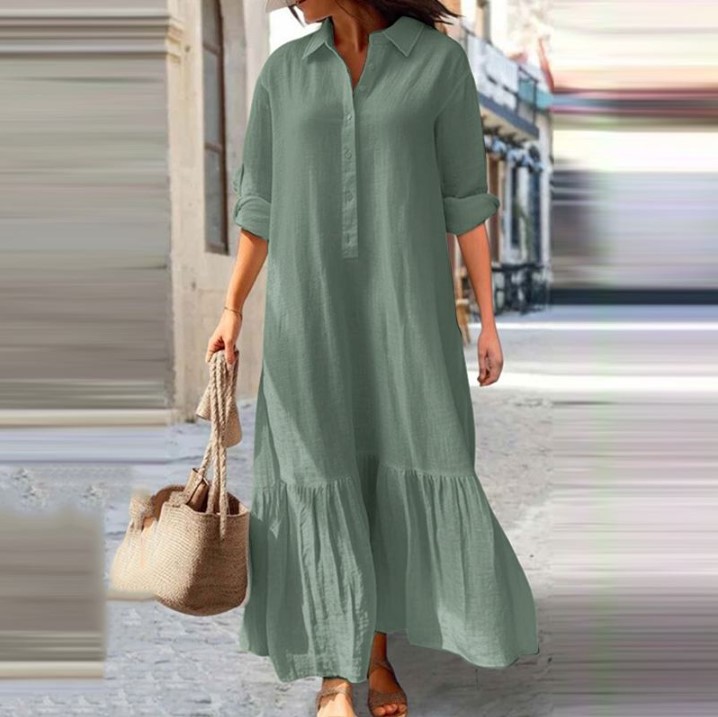 Vestido camisa de linho femini - Casual Loose Linen Shirt Dress avaliação e preço