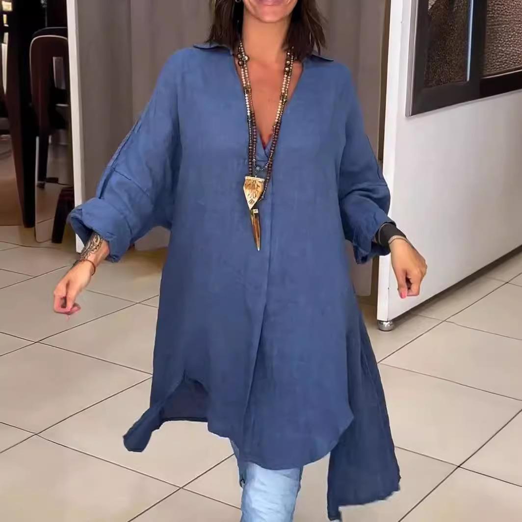 Novo Vestido Casual Feminino d - Casual Loose Linen Shirt Dress avaliação e preço