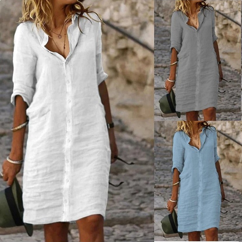 Vestido Camisa Midi Solto com  - Casual Loose Linen Shirt Dress avaliação e preço