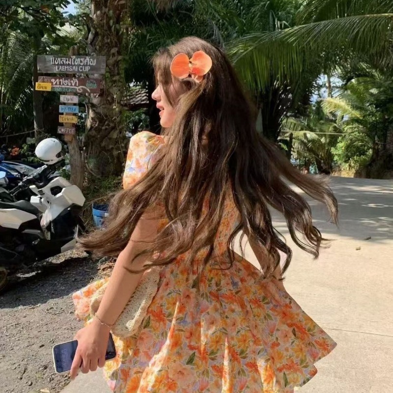 Novo Vestido Mini Laranja Esta - Off Shoulder Puff Sleeve Sundress avaliação e preço