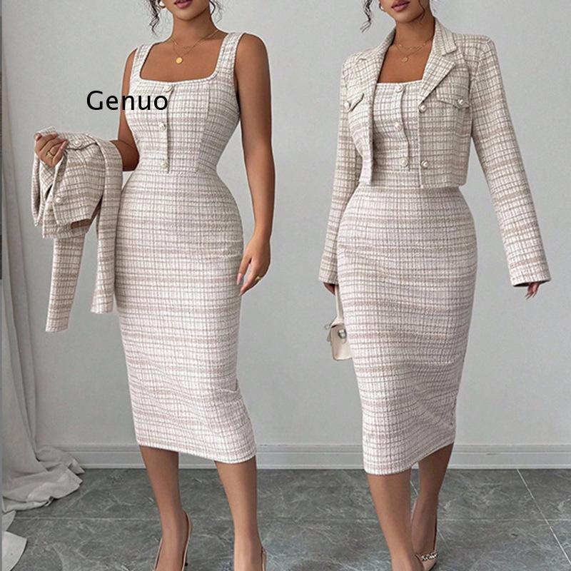Novo Conjunto Feminino Elegant - Tweed Two Piece Blazer Dress avaliação e preço