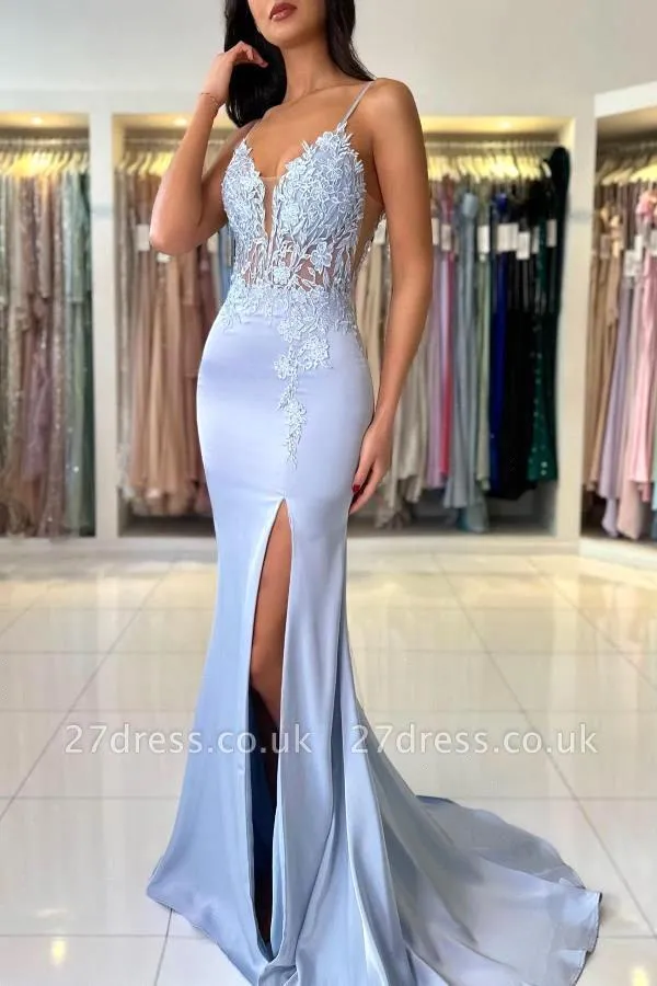 Vestido de Baile Sereia Azul C - Elegant Satin Evening Gown Split avaliação e preço