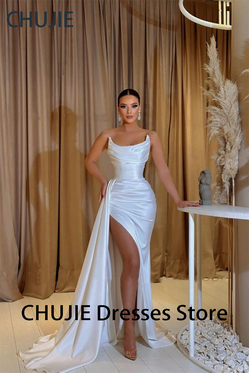 Elegante branco vestidos de no - Elegant Satin Evening Gown Split avaliação e preço