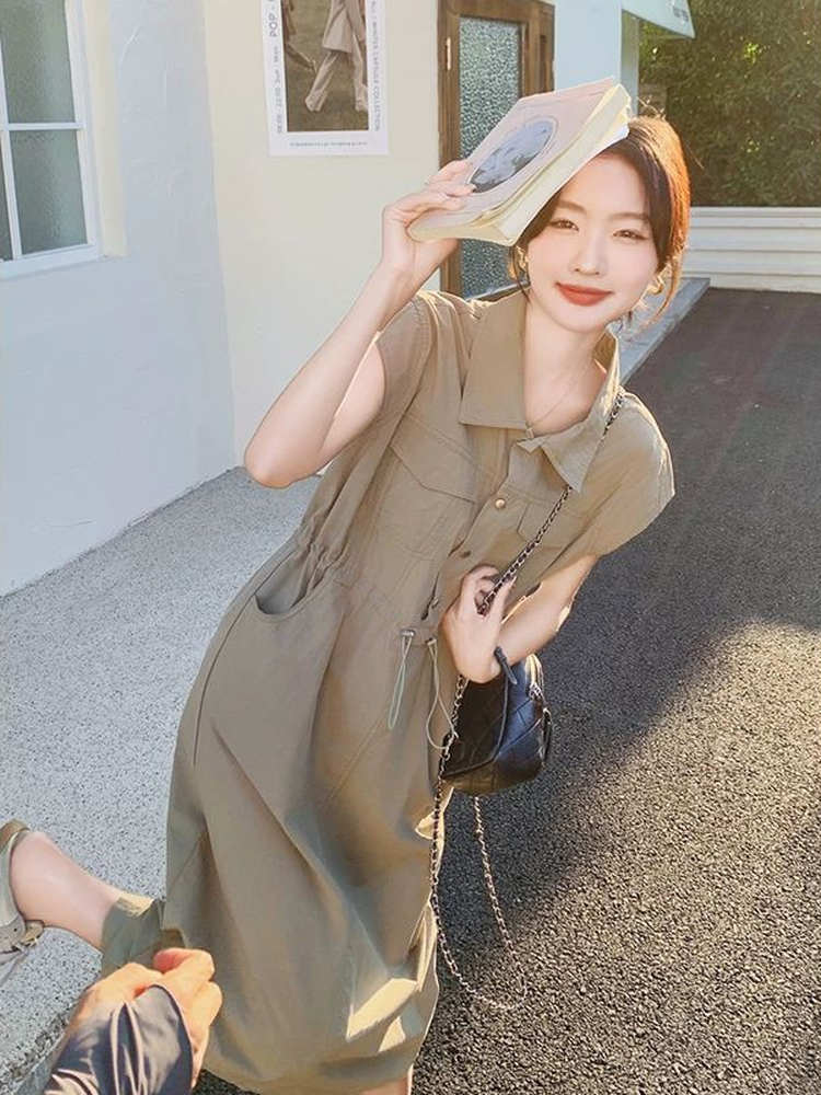 Vestido Camisa Feminino Plus S - Korean Style A Line Shirt Dress avaliação e preço