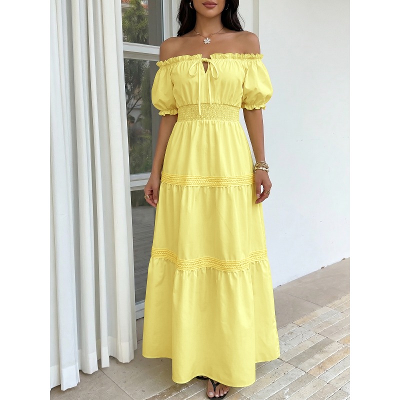 Vestido Maxi Amarelo Boêmio de - Off Shoulder Puff Sleeve Sundress avaliação e preço