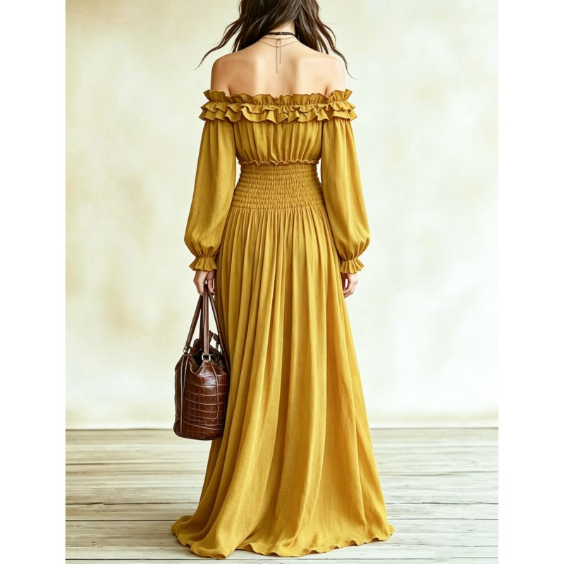 Vestidos Maxi de Moda com Ombr - Off Shoulder Puff Sleeve Sundress avaliação e preço
