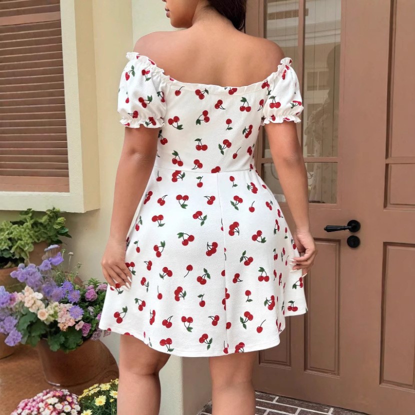 Vestido feminino de verão com  - Off Shoulder Puff Sleeve Sundress avaliação e preço