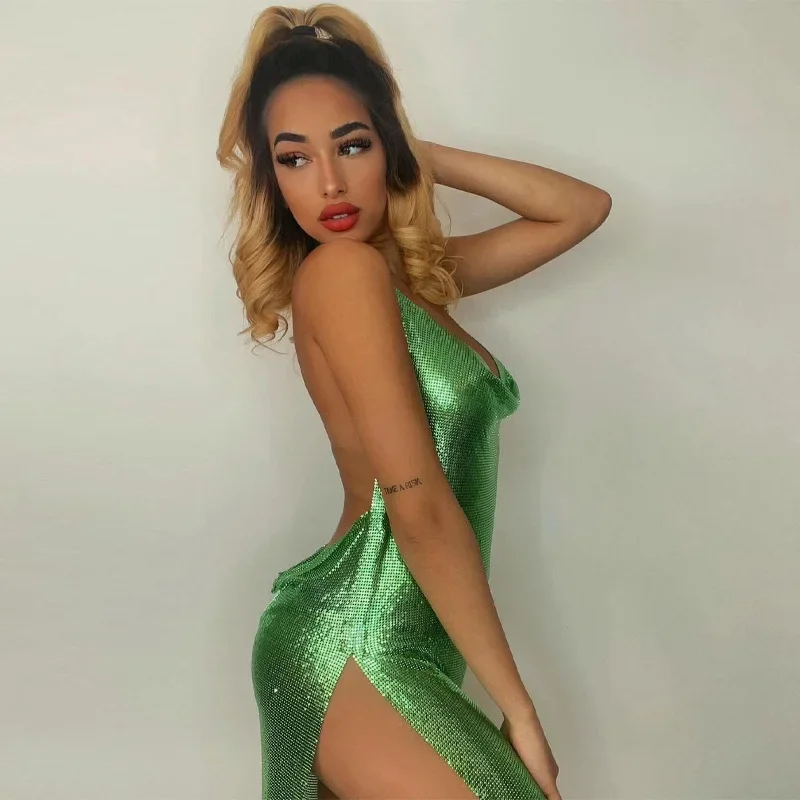 Dourado mini clube vestido de  - Y2K Backless Halter Mini Dress avaliação e preço