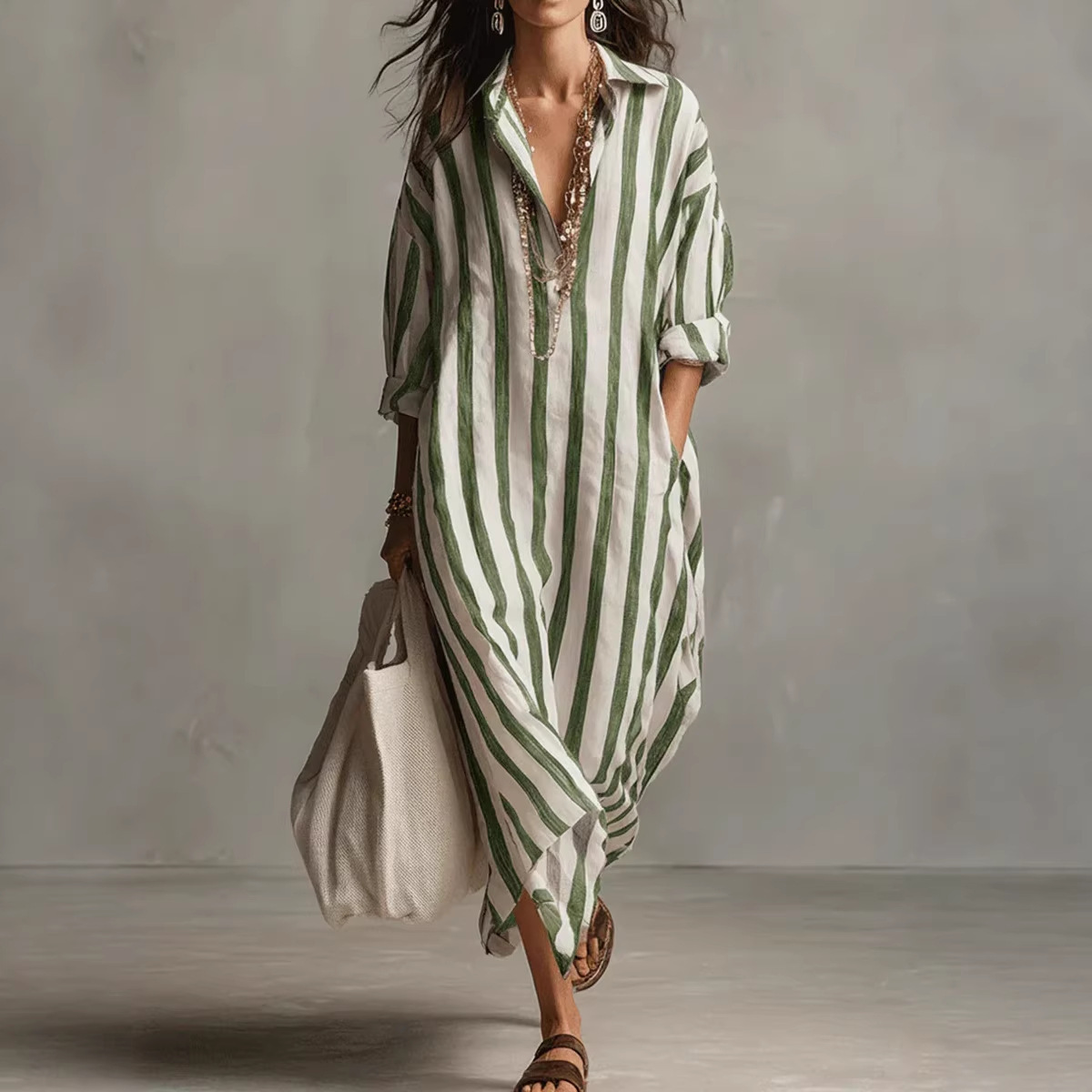Vestido Longo Feminino Elegant - Casual Loose Linen Shirt Dress avaliação e preço