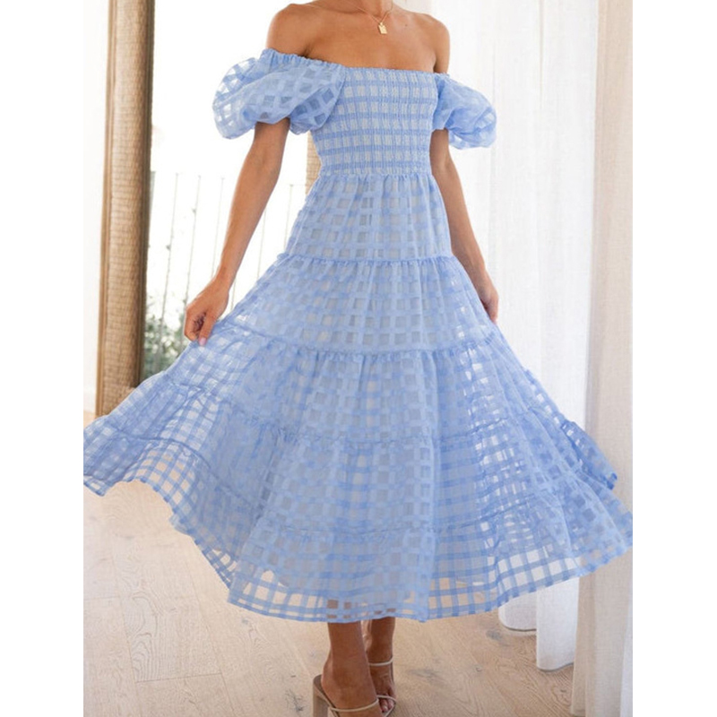 Elegante fora do ombro feminin - Off Shoulder Puff Sleeve Sundress avaliação e preço