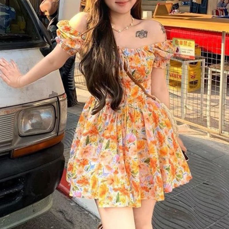 Vestido Mini Laranja Estampado - Off Shoulder Puff Sleeve Sundress avaliação e preço