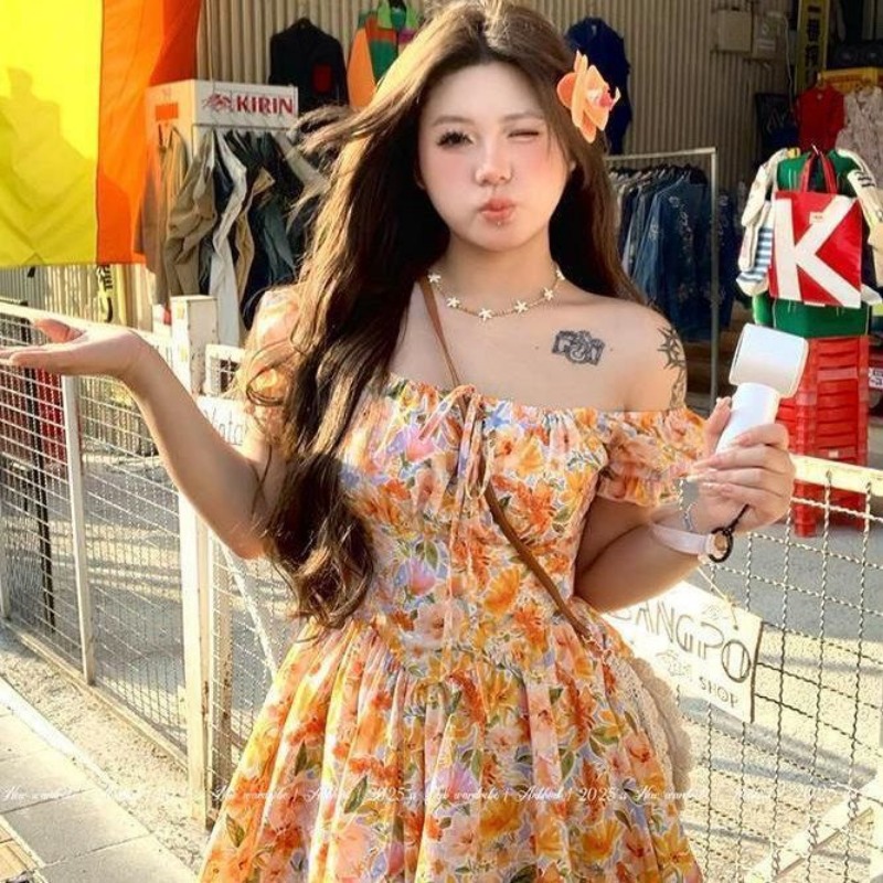 Vestido Mini Laranja Estampado - Off Shoulder Puff Sleeve Sundress avaliação e preço